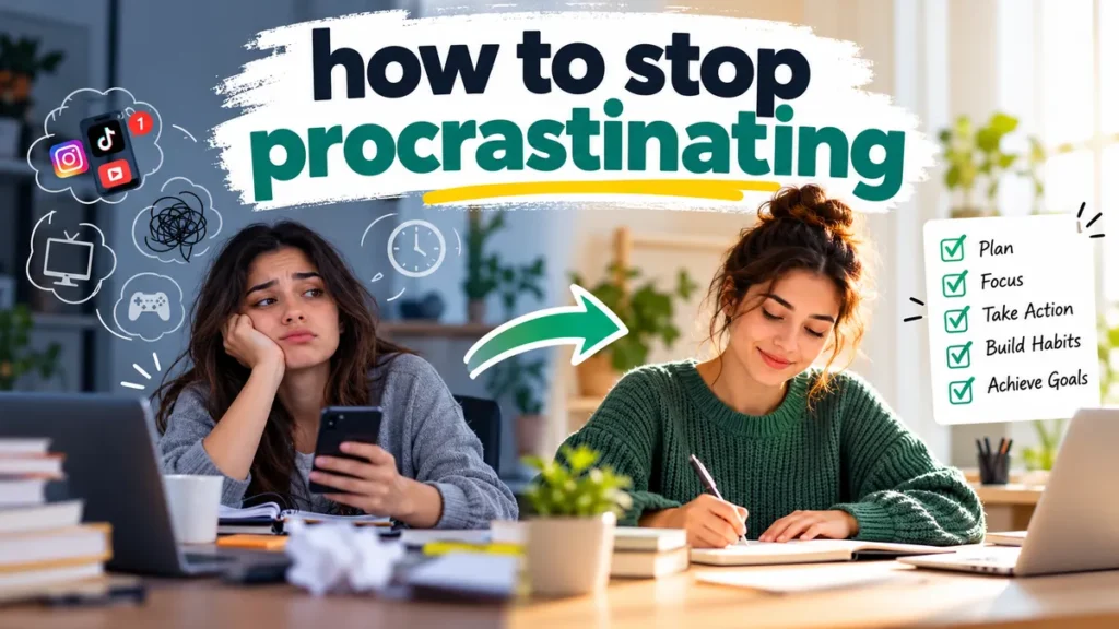 You sit down to finish an important task, but suddenly your phone seems more interesting. You check one notification, watch a short video, or decide to clean your desk. Before you realize it, an hour has disappeared, and the work remains untouched. If this sounds familiar, you're not alone. Procrastination affects students, professionals, business owners, and anyone trying to balance responsibilities with everyday distractions. Learning how to stop procrastinating starts with understanding why you delay tasks, reducing the discomfort associated with starting, and creating simple systems that make action easier. Breaking work into smaller steps, managing distractions, setting realistic deadlines, and practicing self-compassion can help you build consistent habits without relying entirely on motivation. The goal isn't to become productive every minute of the day. It's to develop a healthier relationship with your responsibilities so that important tasks no longer feel impossible to begin. H2: What Is Procrastination and Why Does It Happen? Procrastination is the voluntary delay of an intended task despite expecting that postponing it may create negative consequences. It's different from intentionally scheduling something for later. Choosing to rest because you're exhausted or postponing a low-priority task to handle an emergency can be sensible time management. Procrastination occurs when you avoid something you intend to do, even though delaying it is likely to make the situation worse. H3: The Psychology Behind Procrastination Researchers often describe procrastination as a problem of self-regulation and emotion management rather than simply poor time management. A difficult assignment might trigger anxiety. An unfamiliar project might create uncertainty. A boring administrative task might produce frustration. Avoiding the task provides temporary emotional relief. Unfortunately, that relief can reinforce the avoidance behavior. Over time, this creates a familiar cycle: Important or difficult task Discomfort, anxiety, or boredom Avoidance and temporary relief More pressure, guilt, and stress The increased discomfort makes the task even harder to start next time. This explains why telling yourself to "just work harder" often fails. The problem may not be a lack of ambition. It may be the emotional discomfort associated with the work. H3: Common Causes of Procrastination Several factors can contribute to chronic task avoidance. Cause How it affects behavior Fear of failure Avoiding work to escape the possibility of making mistakes Perfectionism Waiting until conditions feel ideal Task overwhelm Feeling unable to handle a large project Lack of clarity Not knowing the next action Low motivation Struggling to engage with boring activities Digital distractions Choosing immediately rewarding activities Poor time estimation Underestimating how long work will take Stress or fatigue Having fewer resources available for sustained attention Understanding which factors affect you most makes it easier to choose strategies that address the actual problem. H2: how to stop procrastinating With 12 Practical Strategies There isn't one technique that works for every person or every situation. However, combining a few evidence-informed approaches can make starting and completing tasks more manageable. H3: 1. Break Large Tasks Into Smaller Steps Large projects often feel intimidating because the brain treats them as one enormous responsibility. Consider the difference between these two tasks: "Write a 3,000-word research paper." "Open a document and write three possible research questions." The second task has a clear starting point and requires much less effort. To break down a project effectively, identify the final outcome, divide it into milestones, and turn the first milestone into a physical action you can complete immediately. For example, preparing a presentation might involve selecting a topic, collecting sources, creating an outline, drafting slides, and reviewing the final version. Instead of thinking about the entire presentation, focus on the next manageable action. Practical tip: Make your first step small enough to complete in two to five minutes. H3: 2. Use the Two-Minute Rule to Get Started The two-minute rule is commonly associated with productivity writer James Clear and his work on habit formation. The idea is simple: make the beginning of a desired behavior so easy that it takes roughly two minutes. For example: - Instead of "study for two hours," begin by opening your textbook. - Instead of "clean the entire house," put away five items. - Instead of "write a report," create the document and add a heading. The purpose isn't to complete meaningful work in two minutes. It's to reduce the psychological resistance to beginning. Once you've started, continuing often becomes easier, although that isn't guaranteed. This strategy is particularly useful when your biggest obstacle is task initiation. H3: 3. Try the Pomodoro Technique The Pomodoro Technique is a time-management method developed by Francesco Cirillo. It divides work into focused sessions separated by short breaks. A standard Pomodoro cycle 25 min focus 5 min break 25 min focus 5 min break Repeat focused intervals, then take a longer break of approximately 15–30 minutes after four sessions. This method helps because you commit to a limited period of effort rather than an entire afternoon. You can adjust the intervals. Some people prefer 15-minute sessions, while others work better with 45 minutes of uninterrupted concentration. The best duration is one you can realistically sustain. H3: 4. Remove Distractions Before Starting Digital distractions are particularly effective at interrupting work because they offer immediate stimulation. Social media notifications, email alerts, messaging apps, and video platforms can pull attention away from demanding tasks. Rather than relying solely on willpower, modify your environment. Place your phone in another room, disable nonessential notifications, close unrelated browser tabs, and keep only the materials needed for your current task. Website blockers such as Freedom and Cold Turkey can help limit access to distracting websites during planned work sessions. The goal isn't to eliminate entertainment. It's to create boundaries between focused work and leisure. H3: 5. Set Specific Goals and Realistic Deadlines Vague goals make procrastination easier. "Work on my business" doesn't identify what needs to happen or when. A more actionable goal would be: "Draft the introduction and first two sections of the business plan by 3 p.m. Thursday." This provides a clear deliverable and deadline. The SMART criteria can help structure goals around specificity, measurability, achievability, relevance, and time limits. However, deadlines should be realistic. Excessively ambitious schedules can increase stress and encourage further avoidance. When estimating how long a task will take, allow time for interruptions, revisions, and unexpected difficulties. H3: 6. Use Time Blocking to Organize Your Day Time blocking means reserving specific periods in your calendar for particular activities. Instead of keeping an endless to-do list, assign your most important responsibilities dedicated time slots. A sample workday might look like this: Time Activity 9:00–9:30 a.m. Review priorities and plan 9:30–11:00 a.m. Focused project work 11:00–11:15 a.m. Break 11:15 a.m.–12:30 p.m. Secondary task 1:30–2:30 p.m. Email and administrative work 2:30–3:00 p.m. Buffer for unfinished tasks Time blocking works best when you avoid filling every available minute. Leave room for transitions, unexpected requests, and recovery. If a scheduled block doesn't go as planned, adjust your calendar rather than treating the entire day as a failure. H3: 7. Overcome Perfectionism With Imperfect First Drafts Perfectionism can make beginning a task feel risky. You may believe that your writing must be excellent immediately or that a project shouldn't start until you understand every detail. This creates unrealistic expectations. A more effective approach is to separate creation from evaluation. During your first attempt, focus on producing a rough version. Review and improve it afterward. For writing, this might mean drafting paragraphs without editing every sentence. For design, it could mean creating a basic layout before adjusting colors and spacing. A rough draft gives you something concrete to improve. Waiting for the perfect idea often leaves you with nothing to revise. H3: 8. Use Implementation Intentions An implementation intention is a specific plan connecting a situation to an intended behavior. Psychologist Peter Gollwitzer is closely associated with research on this technique. The basic structure is: If [situation occurs], then I will [specific action]. Examples include: "If it's 8 a.m. on Monday, I will open my notes and study for 20 minutes." "If I feel tempted to check social media while writing, I will record the urge and continue until my scheduled break." "If I finish lunch, I will spend ten minutes organizing tomorrow's tasks." These plans reduce the need to repeatedly decide what to do. They can be especially helpful when procrastination happens in predictable situations. H3: 9. Build Accountability Into Your Routine Accountability can make commitments feel more concrete. You might schedule a weekly progress check with a friend, study alongside a classmate, or tell a colleague when you expect to finish a shared task. Another approach is body doubling, where you work in the presence of another person, either physically or virtually. You don't necessarily need to work on the same activity. The shared work environment may help you stay engaged. Accountability should be supportive rather than humiliating. If you miss a deadline, use the conversation to identify what prevented progress and what needs to change. H3: 10. Reward Progress Instead of Waiting for Completion Large projects may take weeks or months to complete, making their eventual rewards feel distant. Small, immediate rewards can help make consistent effort more appealing. For example, after completing a focused study session, you might take a short walk, enjoy a favorite snack, or spend time on a relaxing activity. Choose rewards that don't undermine your goals. A five-minute break that turns into an hour of scrolling may reinforce the same avoidance pattern you're trying to change. Celebrate completing meaningful steps, not just achieving the final outcome. H3: 11. Practice Self-Compassion Instead of Harsh Self-Criticism Many people respond to procrastination by criticizing themselves. They may think, "I'm lazy," "I always fail," or "I'll never become disciplined." Unfortunately, shame can increase the discomfort associated with a task, making avoidance more appealing. Research by psychologist Fuschia Sirois and colleagues has explored connections between procrastination, stress, and self-compassion. Self-compassion doesn't mean ignoring responsibilities. It means acknowledging difficulties without turning a temporary behavior into a negative judgment about your identity. Instead of saying, "I've wasted the entire day," try: "I delayed this task. What made starting difficult, and what's one useful step I can take now?" That question directs attention toward problem-solving. H3: 12. Focus on Consistency Rather Than Motivation Motivation changes throughout the day and from one day to another. Waiting until you feel inspired creates an unreliable system. Habits help by connecting behaviors to familiar routines and environments. For example, you might study for 20 minutes after breakfast, review your priorities before opening email, or prepare your workspace each evening. Behavioral consistency becomes easier when you use the same cue, location, and starting action repeatedly. Psychologist Wendy Wood has studied how habits and environmental cues influence behavior. Her research helps explain why changing routines and surroundings can be more reliable than repeatedly trying to strengthen willpower. Start with a manageable commitment and increase it gradually. Quick takeaway: The most useful anti-procrastination strategy is usually the one that removes your biggest obstacle to starting. You don't need to implement all twelve methods at once. H2: How to Stop Procrastinating When You Feel Overwhelmed Sometimes procrastination isn't caused by a lack of planning. It's caused by having too many responsibilities competing for your attention. When everything feels urgent, deciding where to begin becomes difficult. H3: Identify Your Most Important Task Start by writing down everything occupying your attention. Then ask yourself which task would make the greatest difference if completed today. The Eisenhower Matrix provides a useful way to separate responsibilities by urgency and importance. Priority Recommended action Important and urgent Address promptly Important but not urgent Schedule dedicated time Urgent but less important Delegate when appropriate Neither urgent nor important Reduce or eliminate Don't confuse being busy with making meaningful progress. Answering ten unimportant emails might feel productive, but it doesn't necessarily move your most important project forward. H3: Make Starting Easier Than Avoiding When you're overwhelmed, reduce the effort required to begin. Prepare your workspace, open the necessary materials, and identify one small action. You can also use a five-minute commitment: work on the task for five minutes, then decide whether to continue. If you still feel exhausted, reassess your energy and priorities. The goal is to create momentum without ignoring genuine needs for rest. H3: Stop Waiting for the Perfect Moment A common belief is that productive work requires the right mood, sufficient inspiration, or an uninterrupted block of free time. In reality, those conditions may rarely appear. Instead of waiting for a perfect afternoon, use the available 15 minutes to make progress. Partial completion is often more useful than another day of postponement. H2: How to Stop Procrastinating While Studying Academic procrastination is common because studying often involves delayed rewards, demanding concentration, and uncertainty about performance. Students may postpone assignments until deadlines approach, avoid difficult subjects, or repeatedly reread material without actively learning it. A structured study routine can help. H3: Create a Clear Study Plan Replace general intentions with specific learning objectives. Instead of "study mathematics," choose "complete five algebra problems and review the mistakes." Divide long assignments into research, outlining, drafting, editing, and submission stages. For examinations, spread learning across multiple sessions rather than depending entirely on last-minute cramming. H3: Use Active Recall and Spaced Repetition Two useful learning strategies are active recall and spaced repetition. Active recall involves retrieving information from memory without looking at the answer. Spaced repetition involves revisiting material across increasing intervals rather than concentrating all reviews into one session. These techniques can make study sessions more purposeful, although they don't directly eliminate every cause of procrastination. For example, after reading a chapter, close the textbook and write down the main ideas you remember. Then check your answers and schedule another review. H3: Reduce Digital Temptations During Study Sessions Studying beside an unlocked phone can make distraction more likely. Create a dedicated study environment and decide when you'll check messages. If possible, keep your study materials separate from entertainment apps. For online learning, open only the relevant browser tabs and use scheduled breaks for unrelated activities. A short, focused session is generally more useful than a long session filled with interruptions. H2: How to Stop Procrastinating at Work Workplace procrastination often appears in subtle forms. You might answer emails instead of preparing a difficult report, attend unnecessary meetings, or spend excessive time organizing project-management tools. These activities can create the appearance of productivity while important work remains unfinished. H3: Schedule Deep Work During Your Best Hours Identify when your concentration tends to be strongest. Some people perform demanding cognitive tasks best in the morning. Others prefer late afternoon. Reserve those periods for responsibilities requiring sustained attention. The concept of deep work, popularized by author Cal Newport, emphasizes focused effort on cognitively demanding activities without unnecessary distractions. You don't need hours of uninterrupted time to benefit from this approach. Even one protected 30-minute session can be useful. H3: Define the Next Deliverable Projects often stall because expectations remain unclear. Before beginning, identify exactly what needs to be produced. For example, replace "work on marketing" with "draft three campaign headlines and prepare the weekly performance summary." Clear deliverables make it easier to assess progress and communicate with colleagues. H3: Avoid Productive Procrastination Productive procrastination occurs when you complete easier or less important activities to avoid a more meaningful task. Examples include repeatedly checking analytics instead of preparing a strategy, redesigning a spreadsheet instead of analyzing its data, or organizing folders instead of writing a proposal. Ask yourself: "Am I doing this because it matters, or because it feels easier than my actual priority?" If the activity is necessary, schedule it separately rather than allowing it to replace your primary work. H2: How to Overcome Chronic Procrastination and Build Lasting Habits Occasional procrastination is a common human experience. Chronic procrastination, however, involves repeated delays that interfere with responsibilities, relationships, education, or well-being. Overcoming persistent patterns usually requires more than a new calendar or productivity application. H3: Recognize Your Personal Avoidance Triggers For one week, briefly record situations in which you postpone important work. Include the task, the emotion you experienced, the activity you chose instead, and what happened afterward. You might discover that you procrastinate most frequently when tasks are ambiguous, when you anticipate criticism, or when you're mentally exhausted. Recognizing these patterns allows you to select more targeted solutions. For example, if uncertainty triggers avoidance, clarify the next action. If anxiety is the primary obstacle, begin with a less intimidating part of the task. H3: Understand the Connection Between ADHD and Procrastination Procrastination can occur alongside attention-deficit/hyperactivity disorder (ADHD), particularly when difficulties with executive functioning affect planning, task initiation, working memory, or sustained attention. However, procrastinating frequently does not automatically mean someone has ADHD. Stress, anxiety, depression, inadequate sleep, and other circumstances can also affect the ability to begin and complete tasks. People experiencing significant executive-function difficulties may benefit from external reminders, visual schedules, smaller task steps, and structured support. Understood +1 H3: Know When Professional Support May Help If procrastination consistently causes serious distress, missed obligations, financial problems, or difficulty functioning in daily life, consider speaking with a qualified mental health professional. Cognitive behavioral therapy (CBT) can help people identify and modify unhelpful thinking and behavior patterns. A meta-analysis published in Educational Research Review examined 24 procrastination-intervention studies and found that interventions could reduce procrastination, with cognitive behavioral approaches showing particularly promising results. ScienceDirect Professional support may be especially valuable when procrastination occurs alongside persistent anxiety, depression, or suspected ADHD. Seeking help isn't a substitute for practical strategies. It can help identify underlying barriers that ordinary productivity advice may not address. H2: A Simple 7-Day Plan to Stop Procrastinating Changing long-standing habits becomes easier when you begin with a realistic experiment rather than attempting to transform your entire routine overnight. Use this seven-day plan to practice the techniques discussed above. Your 7-day action checklist 0 of 7 completed [ ] Day 1: Identify your triggers Record three tasks you've been avoiding and what makes each one uncomfortable. [ ] Day 2: Break down one task Choose one delayed responsibility and divide it into manageable actions. [ ] Day 3: Practice focused work Complete one 25-minute work session with unnecessary notifications disabled. [ ] Day 4: Plan your next action Create two specific if-then plans for situations in which you commonly procrastinate. [ ] Day 5: Remove one distraction Change your environment to make an avoidant habit less convenient. [ ] Day 6: Complete a meaningful milestone Finish one small deliverable and acknowledge your progress. [ ] Day 7: Review and adjust Identify what helped, what didn't, and which two habits you'll continue next week. Copy checklist Don't worry if you miss a day. Resume where you left off rather than restarting the entire process. The purpose of this exercise is to discover which strategies work best for your circumstances. H2: Common Mistakes That Make Procrastination Worse Even well-intentioned productivity efforts can become counterproductive. One mistake is creating an excessively detailed schedule. Planning every minute may feel reassuring, but it can leave little room for interruptions or changing energy levels. Another is attempting too many new habits simultaneously. Changing your sleep schedule, exercise routine, study methods, and work habits in one week can create unnecessary pressure. A third mistake is treating rest as wasted time. Exhaustion can make demanding tasks harder to initiate, so recovery should be part of your routine. Finally, avoid measuring progress exclusively by hours worked. Completing an important task in 30 focused minutes may be more valuable than spending three distracted hours at your desk. Effective productivity is about meaningful progress, not constant activity. H2: How Long Does It Take to Stop Procrastinating? There is no universal timeline for overcoming procrastination. Some people notice improvements quickly after changing their environment or breaking tasks into smaller steps. Others need weeks or months to address deeply established avoidance patterns. The time required depends on the causes of procrastination, the complexity of the tasks, available support, and how consistently new behaviors are practiced. A helpful way to measure improvement is to track behaviors rather than expecting procrastination to disappear completely. Consider whether you're starting important tasks earlier, meeting more realistic deadlines, recovering faster after distractions, and experiencing less stress around unfinished responsibilities. Small improvements in these areas can indicate that your approach is working. Research and clinical guidance emphasize addressing both the emotional barriers and practical habits associated with procrastination rather than expecting one technique to solve everything. https://www.apa.org +2 H2: Final Thoughts on how to stop procrastinating Learning how to stop procrastinating isn't about forcing yourself to work constantly or developing perfect self-discipline. It's about understanding the reasons behind avoidance and making important actions easier to begin. Breaking tasks into smaller steps, using focused work sessions, removing distractions, setting realistic goals, and practicing self-compassion can all help reduce unnecessary delays. Remember that occasional setbacks are normal. What matters is how you respond and whether you return to the habits that support your goals. Start with one task you've been postponing. Identify the smallest useful action, set aside five minutes, and begin. That simple decision can be the first step toward a more consistent and manageable routine.