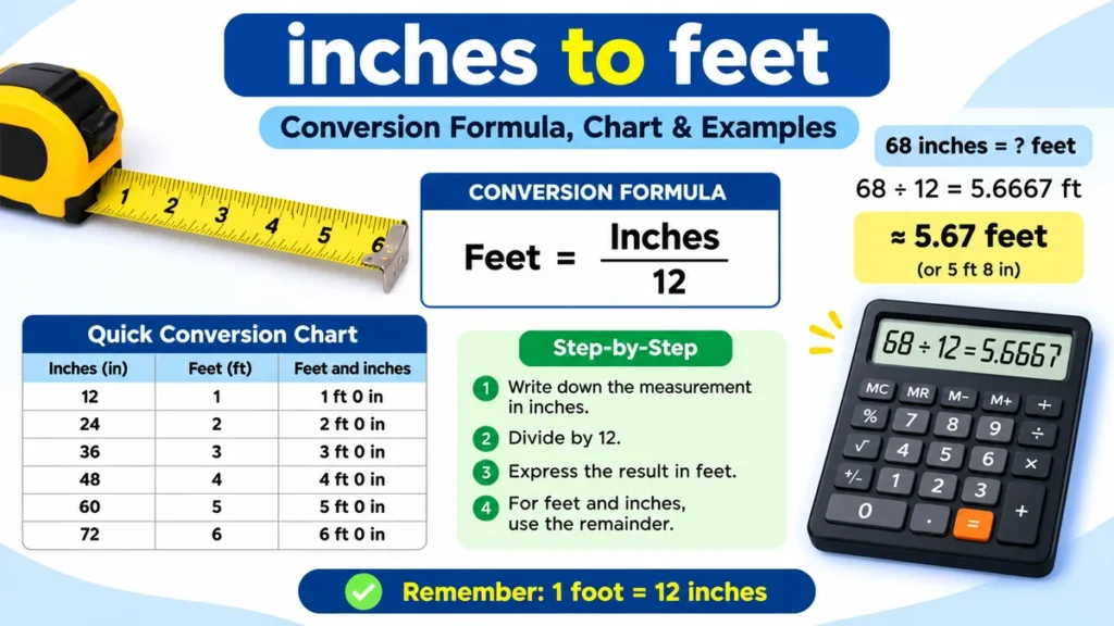 inches to feet: Conversion Formula, Chart & Examples